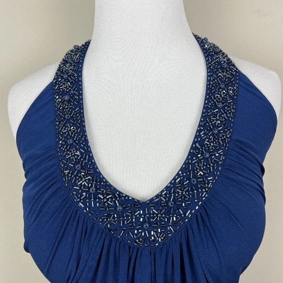 Alex Evenings Dress 4P Navy Blue Pleated Beaded Halter V-Neck Padded Bust Party - Picture 5 of 13